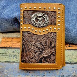 Deer Head Concho Western Mens Wallet Trifold Faux Leather Floral Embossed Brown